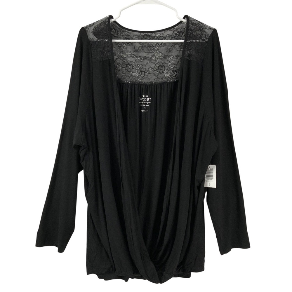 Torrid Super Soft Knits Black Lace Trim Draped Front Long Sleeve Top Size 4X/26